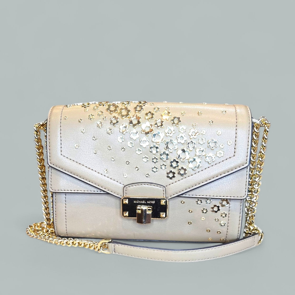 Michael Kors Kinsley Gold Floral Embellished Leather Chain Strap Crossbody